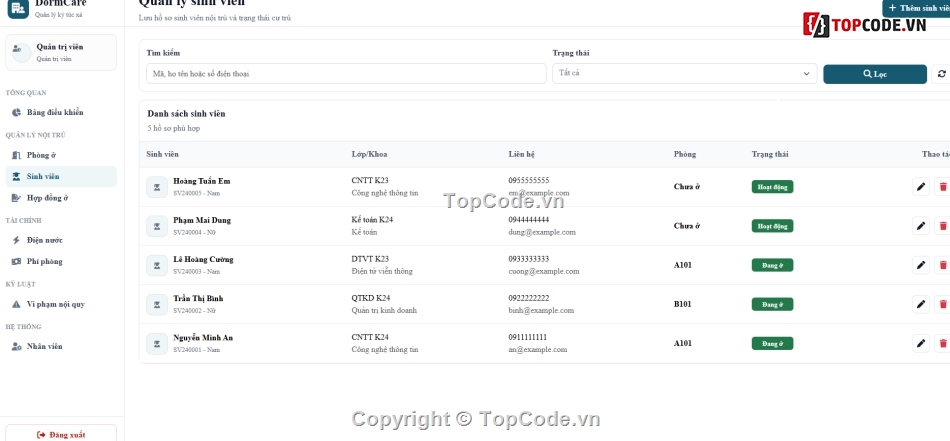 Website quản lý,quản lý,quản lý ký túc xá